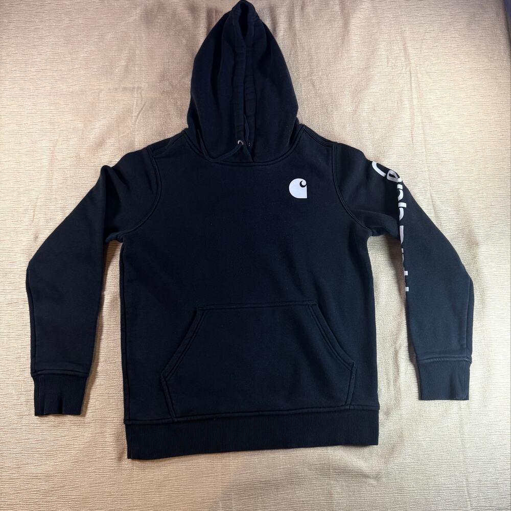 Carhartt Girls Hoodie Size S 4/6 Black Relaxed Fit Logo Sleeve Pullover
